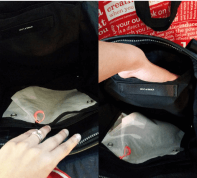 Left: Inside clear plastic zip case; Right: Inside pocket