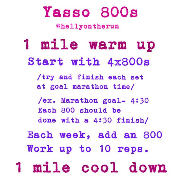 Between each 800, jog for the same amount it took you to complete a repeat. I like to jog/walk a 400. 